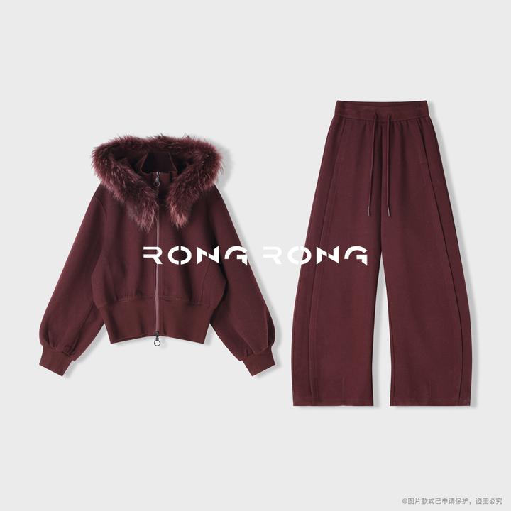 溶溶【车厘子套装】RONG 棉羊毛天丝奢暖貉子毛领套装RR25837