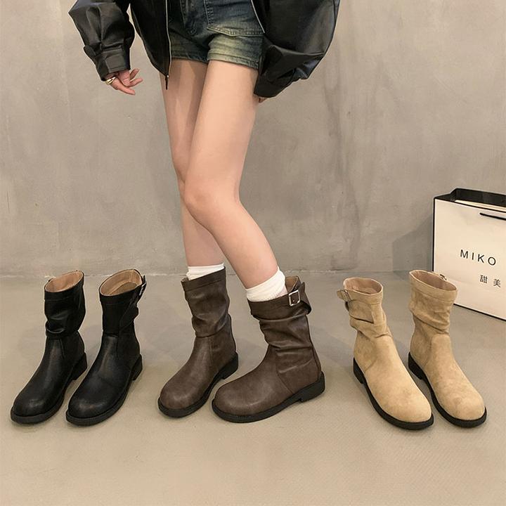 复古低跟卡其色堆堆马丁靴女鞋2025春秋单靴棕色瘦瘦法式小短靴子
