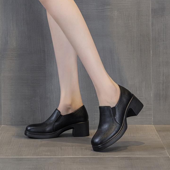 2025新款单鞋英伦风防水厚底女鞋女士粗跟妈妈深口皮鞋