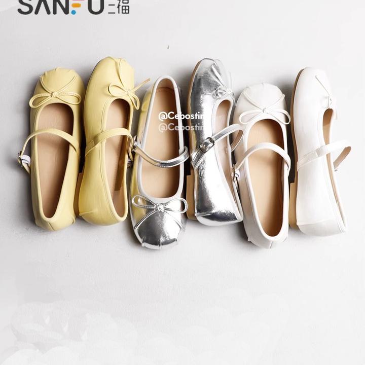 三福韩版平底一字带玛丽珍2025新款夏方头褶皱蝴蝶结百搭单鞋
