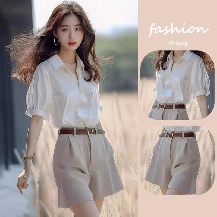 时髦洋气设计感套装女2025夏季新款通勤百搭显瘦白衬衫短裤两件套