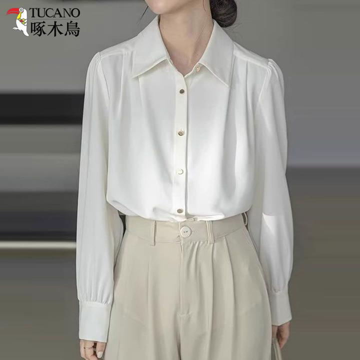 TUCANO/啄木鳥白色衬衫女装法式垂顺秋季新款长袖OL职业通勤衬衣