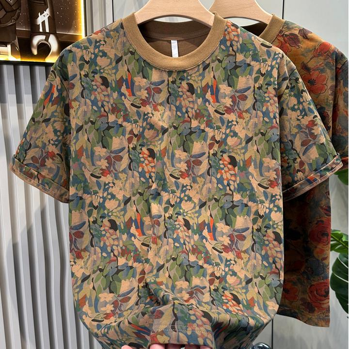 夏季新款高级感潮牌多样植物树叶大码短袖T恤男简约气质圆领上衣