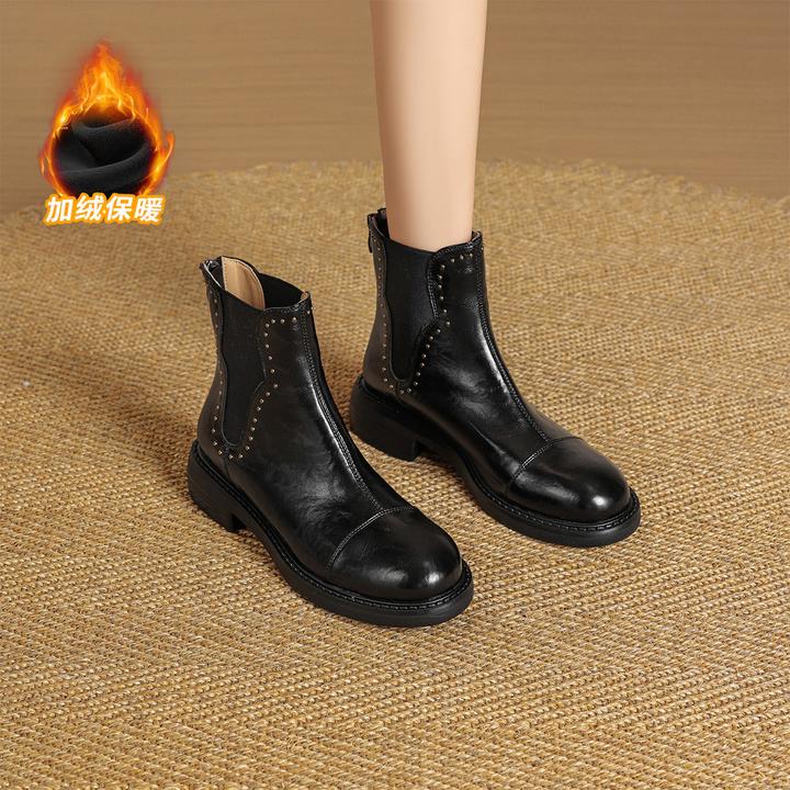 华耐切尔西短靴女瘦瘦靴加绒保暖秋冬百搭英伦风时装靴显瘦烟筒靴