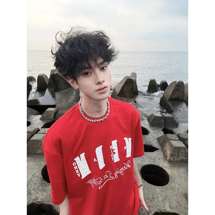 潮牌红色字母珍珠刺绣短袖恤男款夏季宽松痞帅高级感重磅上衣