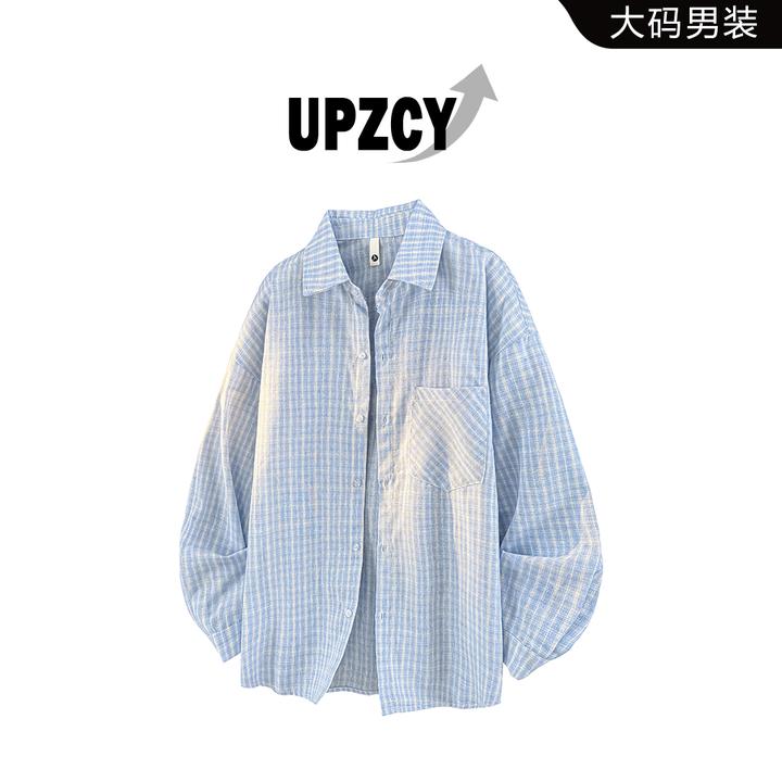 UPZCY春秋大码格纹长袖衬衫男士休闲百搭宽松多巴胺设计感衬衣