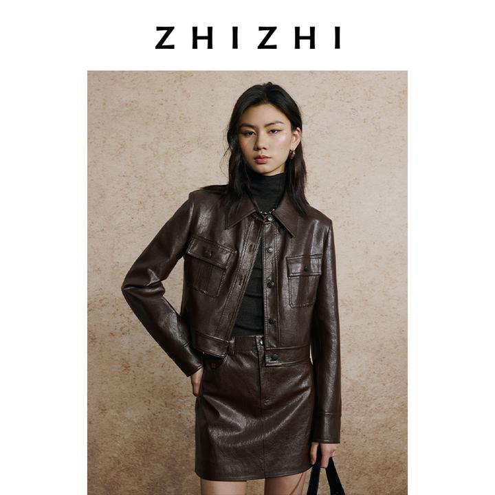 致知 秋夜长 短款复古港风pu皮衣秋季职场休闲百搭风ZZ2EAWJQ022