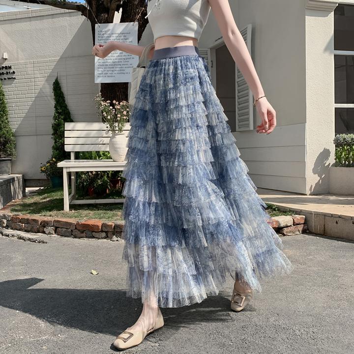 长款蓝色网纱蛋糕裙纱裙半身裙女春2025新款蓬蓬裙子长裙夏季