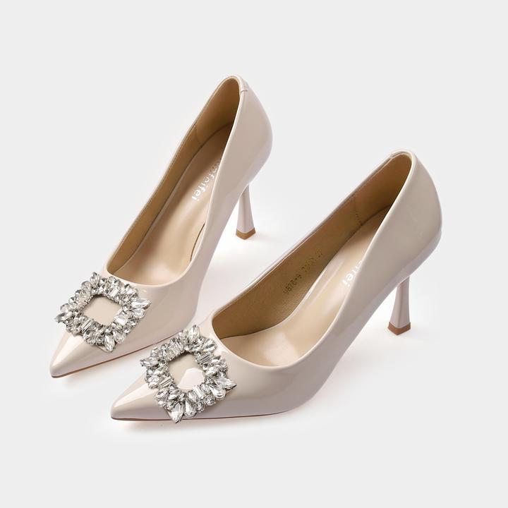 气质优雅百搭舒适方扣水钻轻奢高跟鞋5-7-9cm细跟尖头裸色高跟鞋