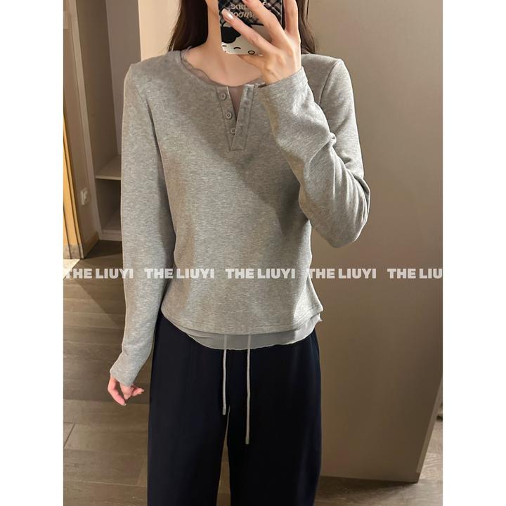 【LIUYI】新款韩版拼接假两件长袖T恤59202