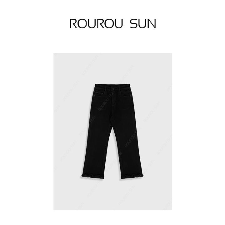 29559冬款女装韩版简约百搭宽松微喇裤女休闲百搭薄绒牛仔裤潮流