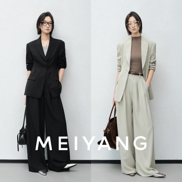 美洋MEIYANG 沙漏套装 花纱仿麻通勤休闲西装外套直筒西裤-周一