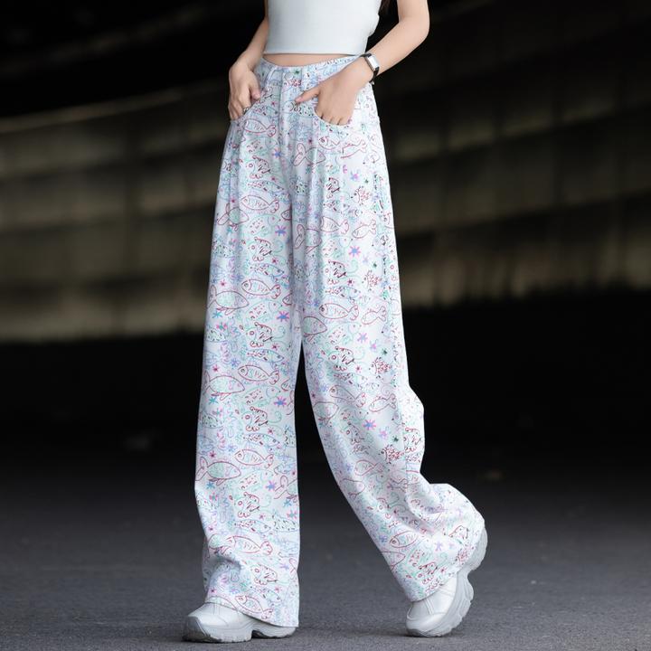 美式白色涂鸦印花阔腿牛仔裤女秋季款2025新款高腰宽松直筒裤长裤