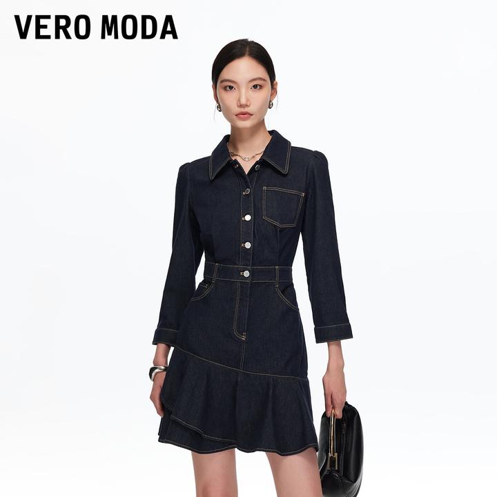 Vero Moda连衣裙【波浪斜裁】收腰撞色明线牛仔裙流光风325342013