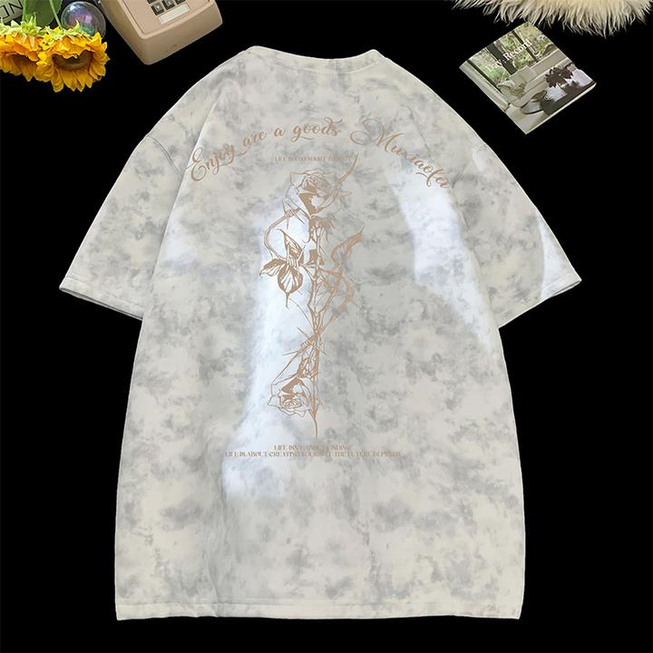 夏季重磅短袖T恤男士百搭扎染圆领休闲5分袖落肩美式宽松潮牌上衣