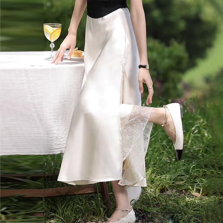 醋酸缎面2025秋季显瘦A字开叉半身裙法式女夏蕾丝中长裙子月光裙