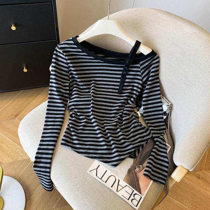 韩系设计感斜领单肩带条纹长袖T恤女2025秋季新款不规则露肩上衣