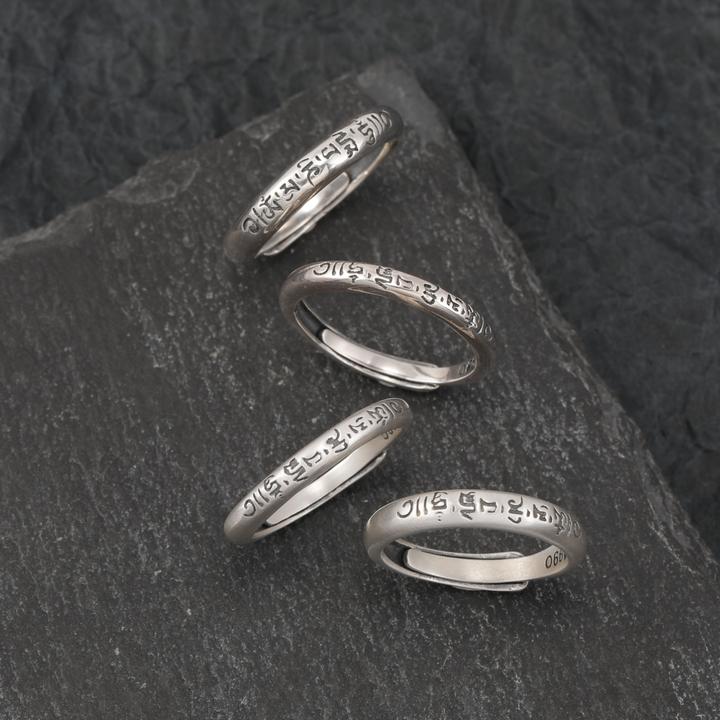 足银戒指 复古s990西藏六字真言素圈戒指男女情侣可调节纯银指环