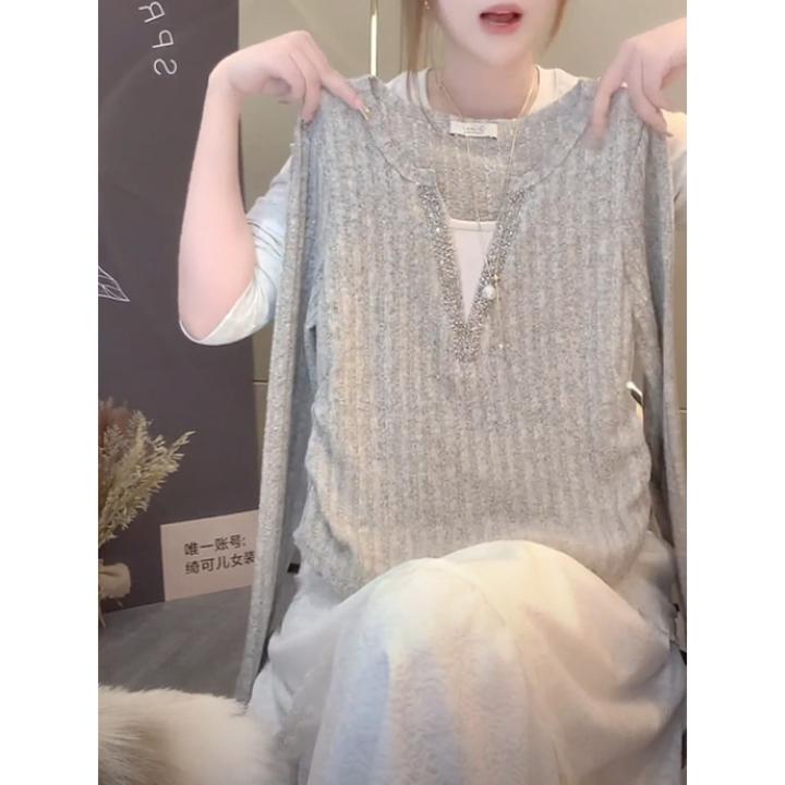 假两件V领长袖T恤女2025秋季新款大码胖mm显瘦百搭高级感打底上衣