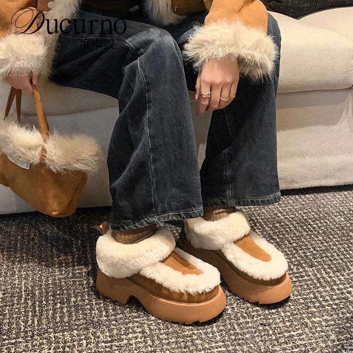 DUCURNO小个子增高厚底加绒棉鞋女户外保暖毛毛鞋时尚单鞋乐福鞋