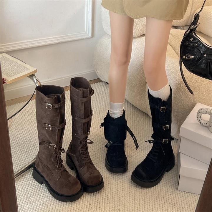 平底西部骑士靴女2026春夏新款棕色复古皮带扣系带英伦女靴