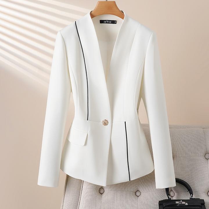 郁香妍白色西装外套女无领短款春季收腰个性小西装小个子西服拼接