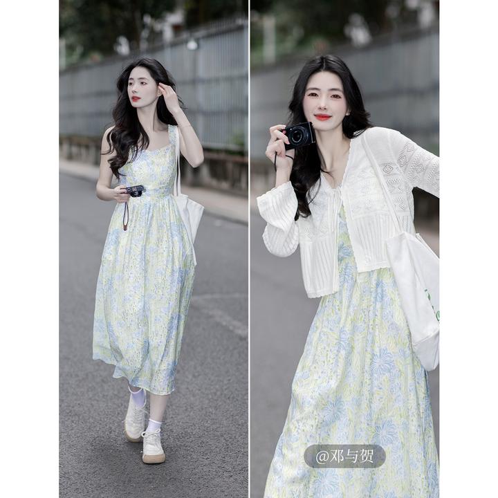 茵曼2025秋季度假感穿搭法式吊带裙浪漫海边收腰连衣裙度假风穿搭