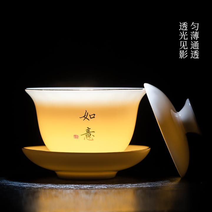 德化白瓷羊脂玉可悬停泡茶三才盖碗功夫茶具茶碗陶瓷泡茶碗高档