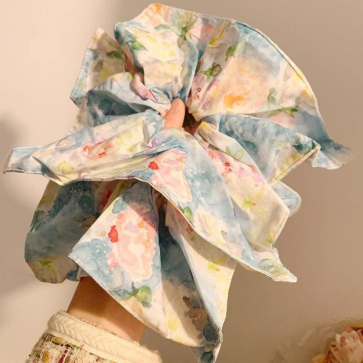 梦幻花园~油画风碎花方巾大肠发圈女绝美方形发饰扎头发方形头绳