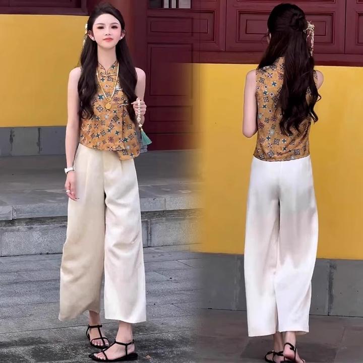 新中式复古套装女立领斜襟盘扣上衣大方得体穿搭一整套新款休闲裤