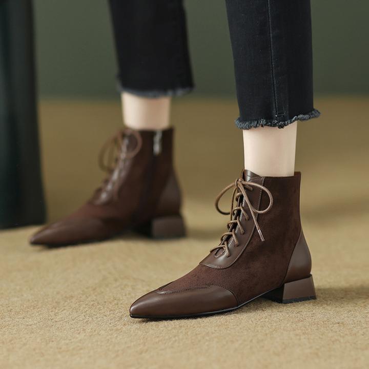 法式尖头粗跟短靴女中跟系带马丁靴2025秋冬季小众复古真皮及裸靴