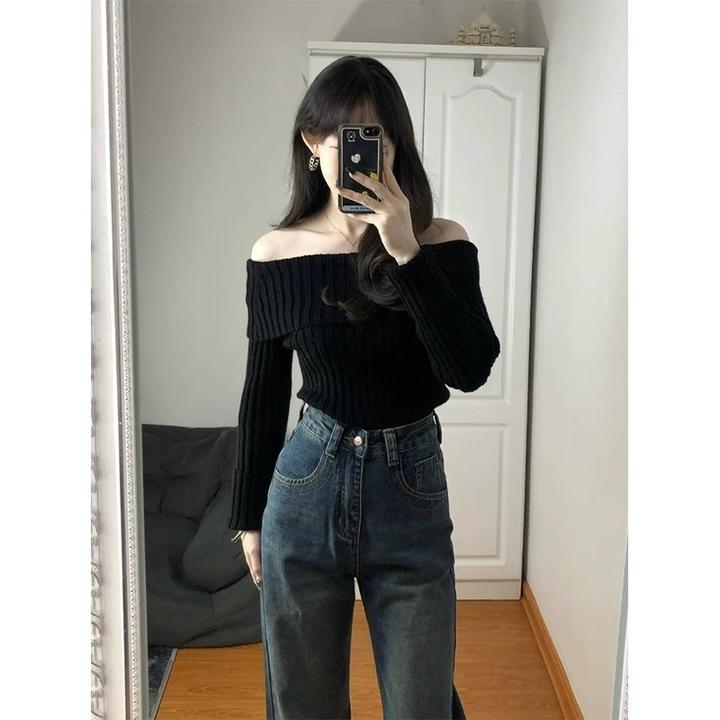 修身内搭黑色一字肩法式毛衣女装2025新款针织露肩打底上衣秋冬季