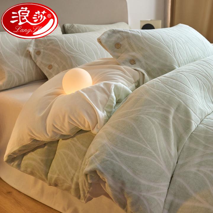 浪莎牛奶绒冬季床上四件套双面加厚轻奢风被套珊瑚法兰绒床单床品