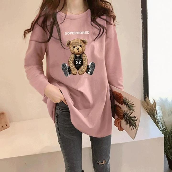 藕粉色卡通小熊长袖t恤女秋季新款韩版宽松休闲打底衫中长款上衣
