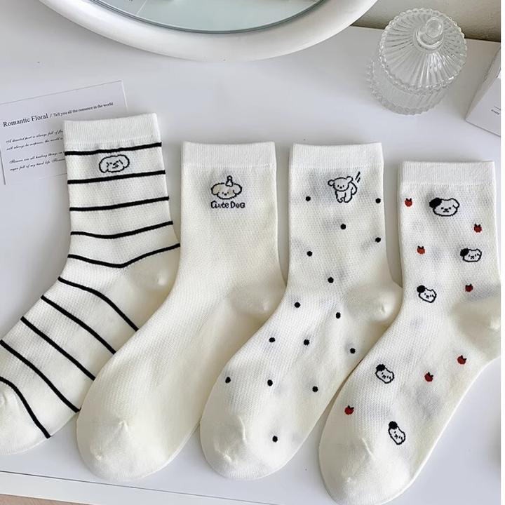 可爱小狗袜子女中筒袜春夏薄款白色纯棉日系可爱卡通透气长袜学生