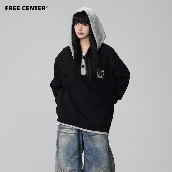 Free Center美式复古刺绣拼接连帽加绒卫衣男女秋冬慵懒宽松上衣