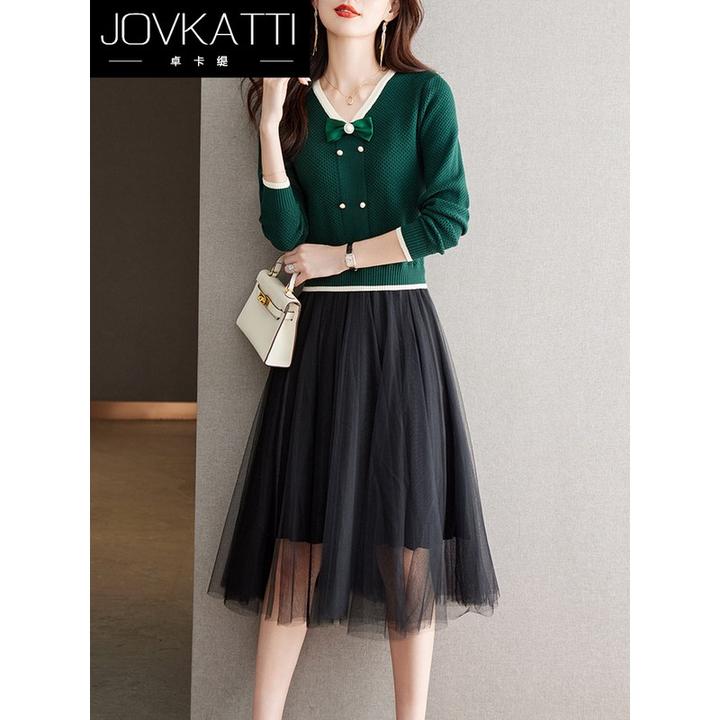 早秋假两件优雅蝴蝶结针织连衣裙女秋季新款气质显瘦网纱拼接裙子