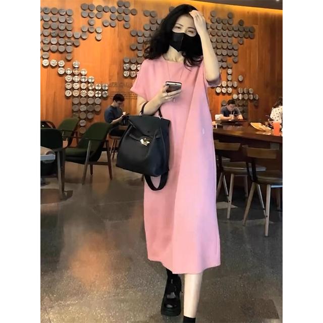 夏季短袖T恤长裙子直筒显瘦宽松外穿大码连衣裙女韩版过膝懒人裙
