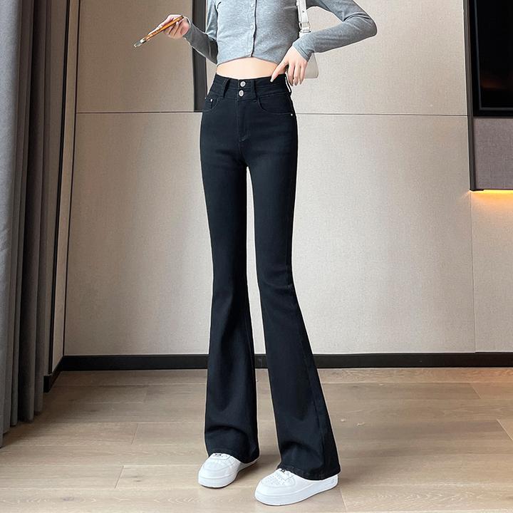 高腰微喇牛仔裤女2024秋冬新款直筒修身弹力显瘦黑色喇叭马蹄裤子
