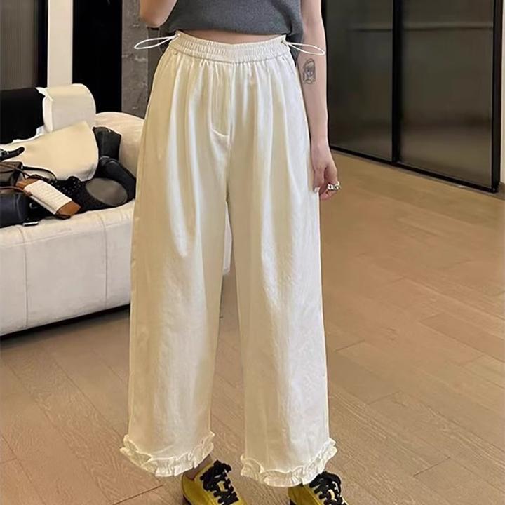 孕妇裤子夏季薄款宽松显瘦白色花边阔腿休闲裤小个子九分直筒裤