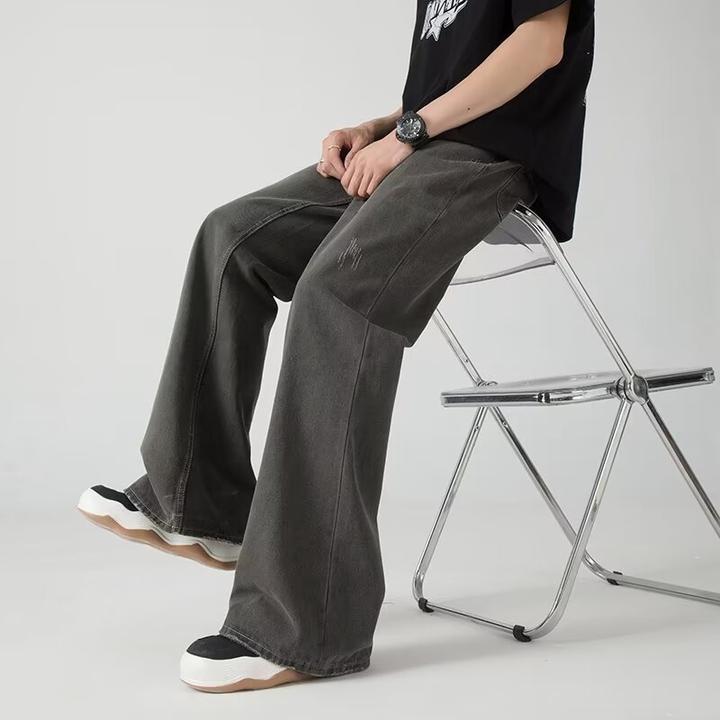 美式休闲水洗破坏复古做旧微喇叭牛仔裤男潮牌浅色高街刺绣长裤潮