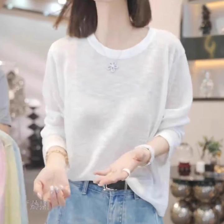 纯色宽松上衣女夏季薄款胖MM大码女装防晒衣罩衫高级感长袖针织衫