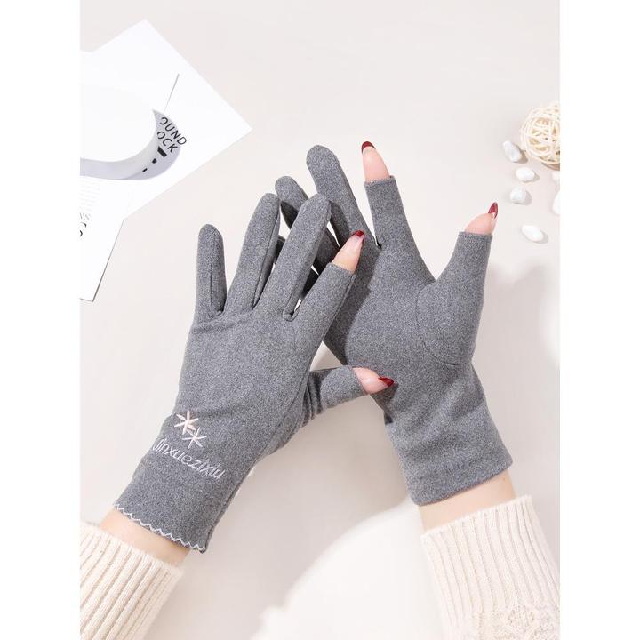 女士手套春秋季漏二指冬天薄款骑车弹性单层德绒保暖韩版漏指短款