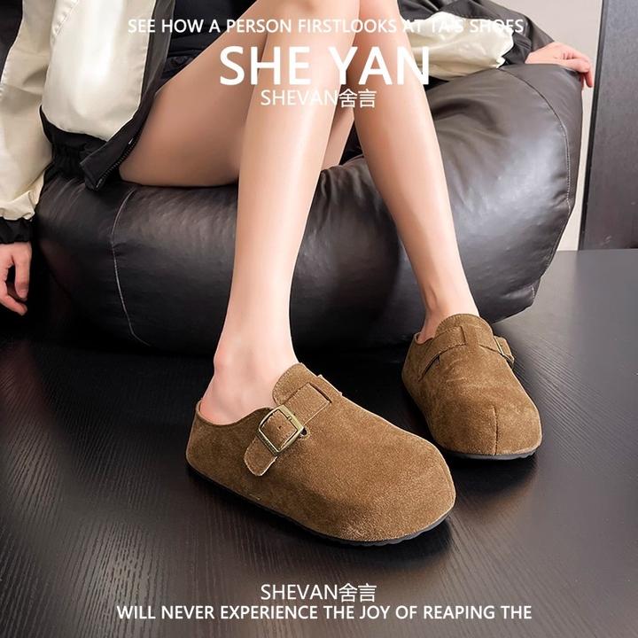 羊皮版~内增高一脚蹬包头半拖鞋女2025年新款百搭法式博肯拖鞋