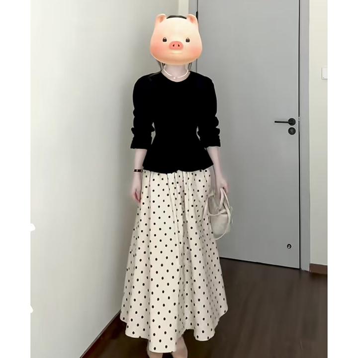 【B Y】慵懒风时尚洋气百搭黑色圆领长袖上衣宽松波点点半身裙套装