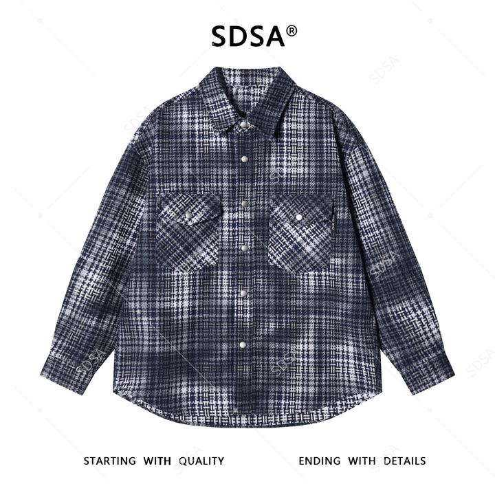 SDSA男士秋冬新款痞帅男装韩版休闲扎染格子纽扣翻领长袖衬衫百搭