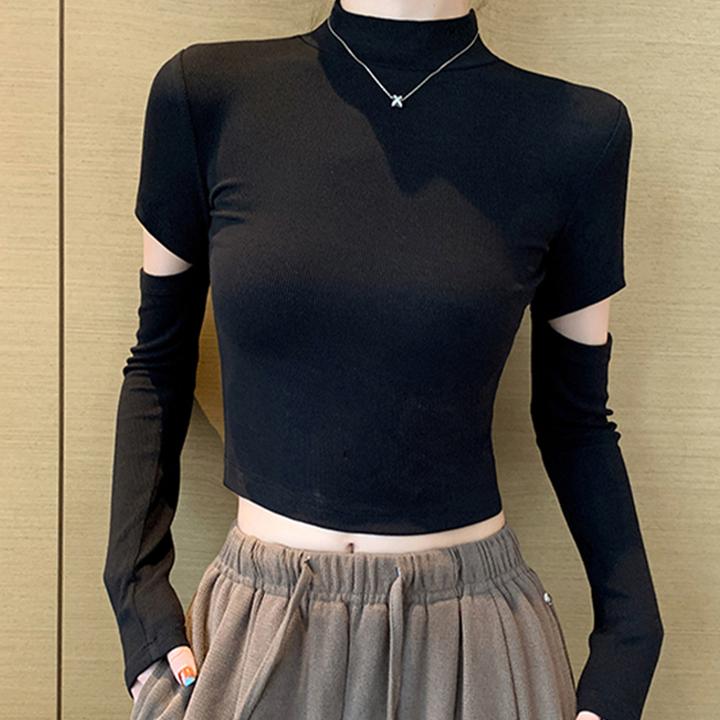 黑色半高领打底衫女内搭设计感镂空长袖t恤短款露脐春秋薄款上衣