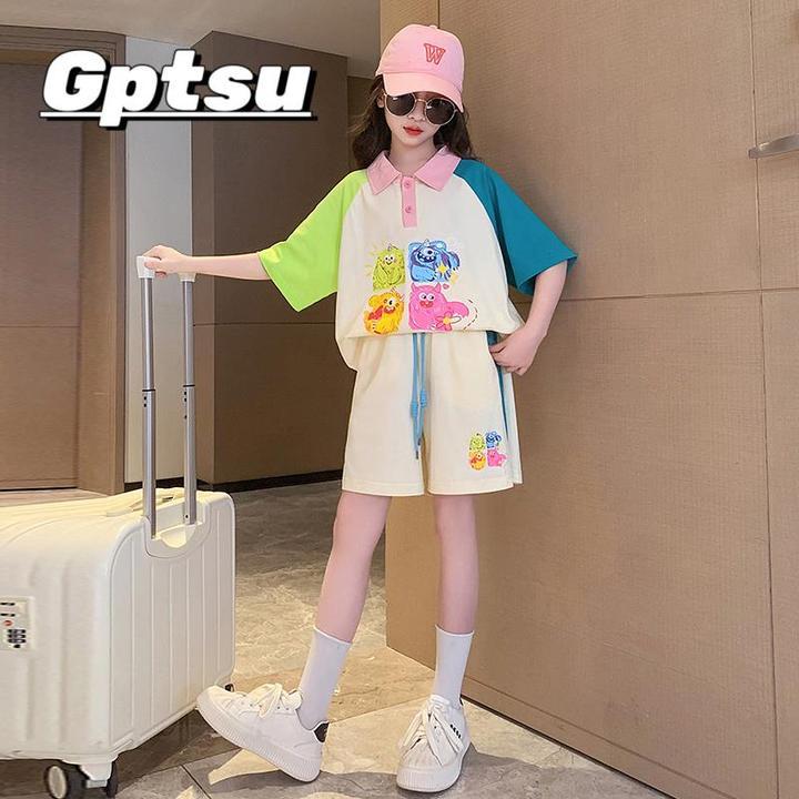 GPTSu女童夏季套装2025新款洋气短裤大女孩多巴胺短袖t恤儿童运动