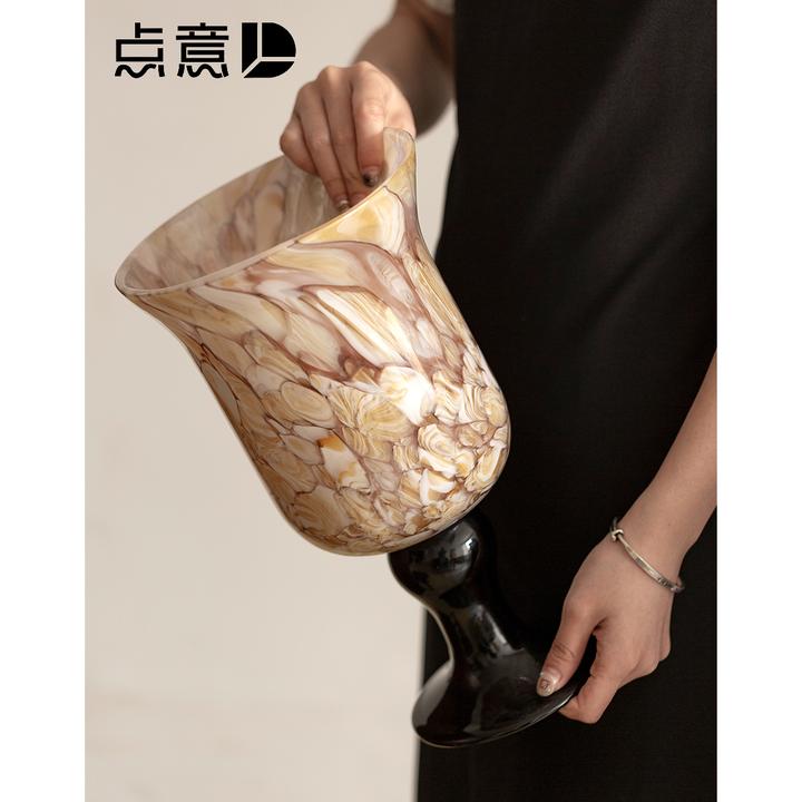 花瓶琉璃黑色高脚杯艺术大口径高级感色块拼接中古法式复古ins风