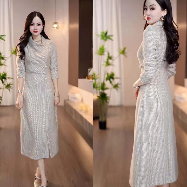 【连衣裙】秋季新款圆领长袖时尚领口设计收腰显瘦优雅气质连衣裙